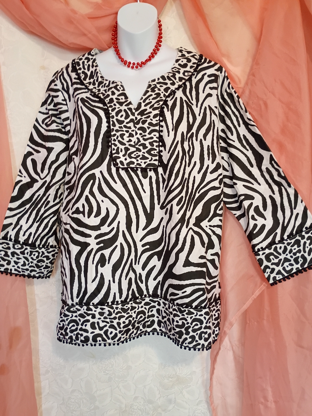 Caribbean Joe Ladies Black & White Zebra-Print Tunic w/ Contrast Trim Sz XL